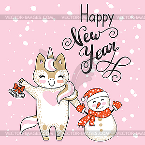 Christmas card congratulations cute unicorn and - vector image