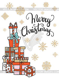 Merry Christmas congratulation card gift boxes - vector clipart