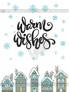 Merry Christmas congratulation card with houses - vector image