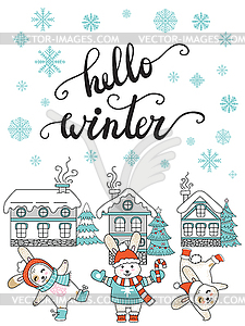 Merry Christmas congratulation rabbits and houses - vector image