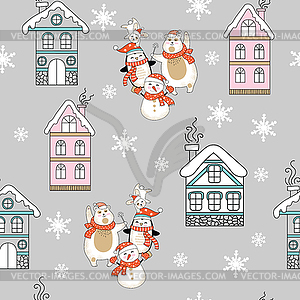 Seamless pattern Christmas characters and houses - vector clipart