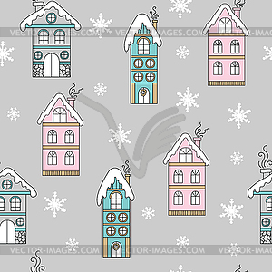 Seamless pattern Christmas houses and snowflakes - vector EPS clipart