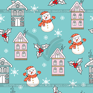 Бесшовные модели рождественские домики и снеговик - векторная иллюстрация