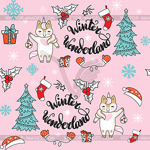 Seamless pattern unicorn and Christmas tree - vector clip art