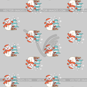 Бесшовный фон Рождественский снеговик на сером - рисунок в векторном формате
