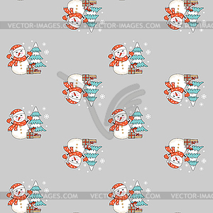 Seamless pattern Christmas snowman on grey - vector image