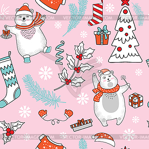 Seamless pattern Merry Christmas elements and bear - vector clip art