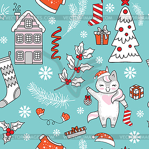 Seamless pattern Merry Christmas unicorn and - vector clipart