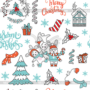 Seamless pattern Merry Christmas rabbits and - vector image