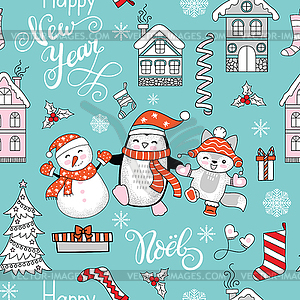 Seamless pattern Merry Christmas character and - vector clip art