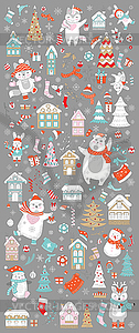 Vertical banner Christmas characters on grey - vector clipart