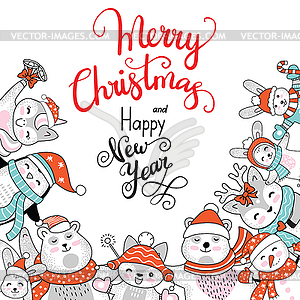 Christmas square winter banner with characters - vector image