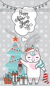 Greeting card, Christmas card with unicorn, - vector image