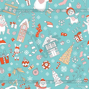 Characters and Christmas elements seamless pattern - vector image