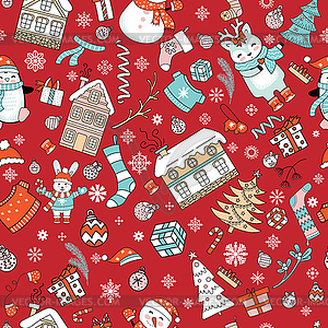 Characters and Christmas elements seamless pattern - vector clipart