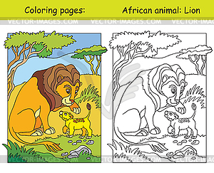 Coloring and color lion - vector clipart