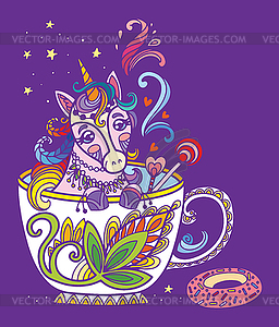 Colorful kawaii cute unicorn in cup - vector clip art