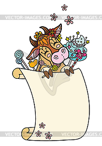 Cute kawaii cow with blank sign template - vector image