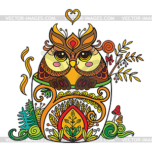 Colored kawaii cute owl in cup - vector clip art