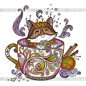 Colored kawaii cute cat in cup - vector clip art