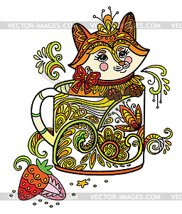 Colored kawaii cute fox in cup - vector clipart