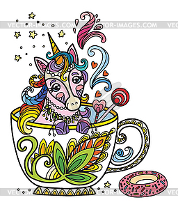 Colored kawaii cute unicorn in cup - vector image