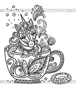 Kawaii cute unicorn in cup coloring - vector image