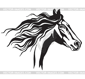 Абстрактный портрет бегущей черной контурной лошади - векторный клипарт EPS