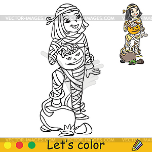 Halloween coloring with colored example cute mummy - vector image