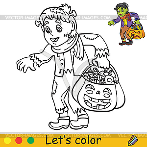 Halloween coloring with colored example cute monster - vector clipart