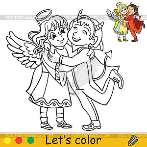 Halloween coloring with colored example angel demon - vector clip art