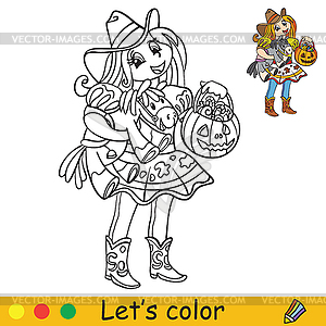 Halloween coloring with colored example cute cowgirl - vector clipart