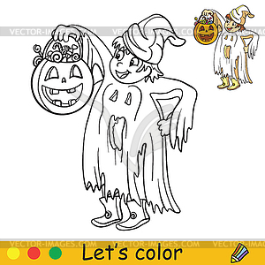 Halloween coloring with colored example cute ghost - color vector clipart