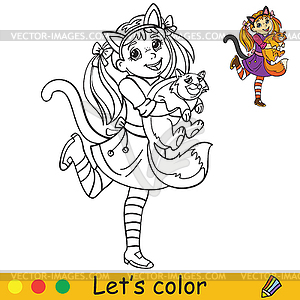 Halloween coloring with colored example lady cat - vector clipart