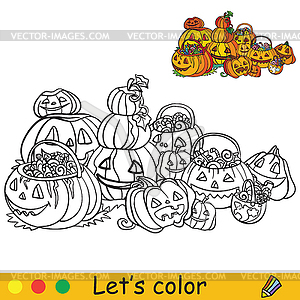 Halloween coloring with colored example many - vector clipart