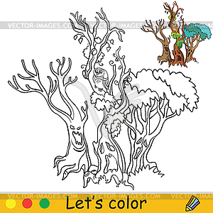 Halloween coloring with colored example scary tree - vector clip art