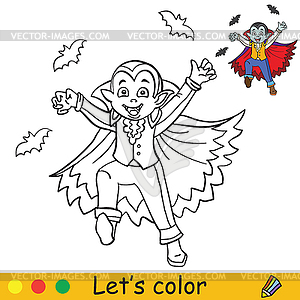 Halloween coloring with colored example cute vampire - royalty-free vector clipart