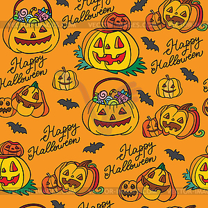 Seamless pattern Halloween pumpkins on orange - vector clip art