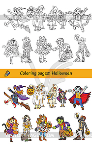Хэллоуин раскраски персонажей и цветной пример - цветной векторный клипарт