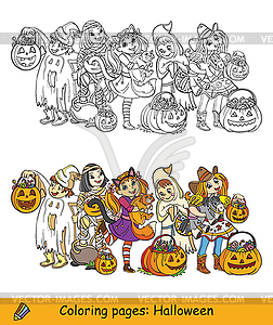 Halloween coloring and colored example children in - vector clipart