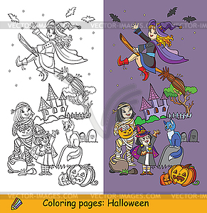 Раскраска хэллоуин мумия и ведьма - стоковое векторное изображение