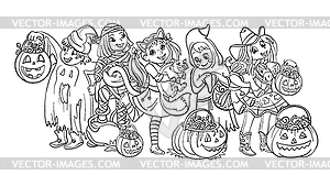 Мультяшный детей в костюмах на Хэллоуин - векторное изображение клипарта