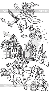 Cartoon halloween vampire and witch - vector clipart