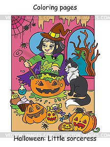Colorful Halloween cute little witch cooks in - vector clipart