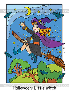 Красочный Хэллоуин милая маленькая ведьма летит на метле - цветной векторный клипарт