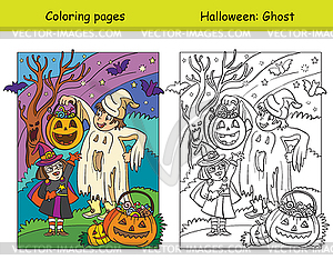 Coloring with colored example Halloween ghost and - vector clip art