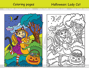 Coloring with colored example Halloween girl with - royalty-free vector clipart