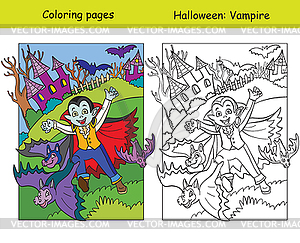 Coloring with colored example Halloween vampire - vector clipart