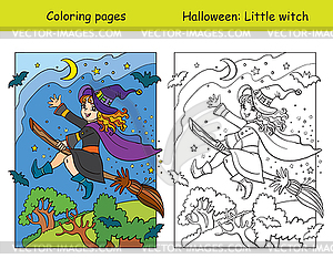 Coloring with colored example Halloween witch on - vector image