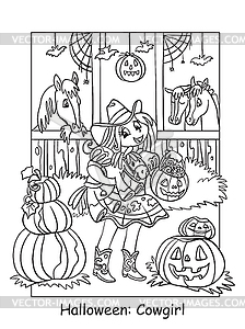 Coloring Halloween cute cowgirl in stable - vector clip art